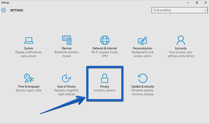 How to access the Privacy menu in Windows 10