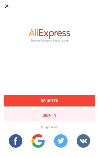 AliExpress app sign up page