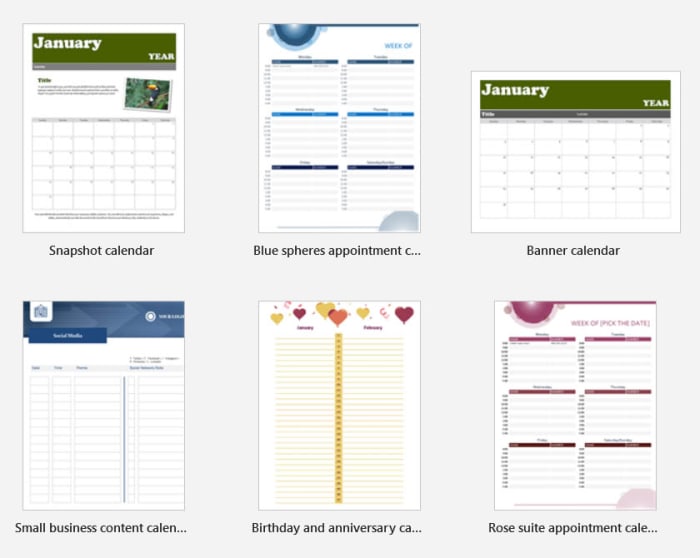 Word templates for calendars