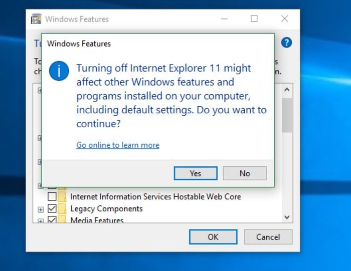 Windows Features turn off Internet Explorer 11