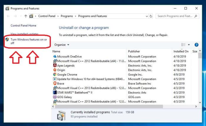 Windows 10 Settings Programs and Features Admin features on or off