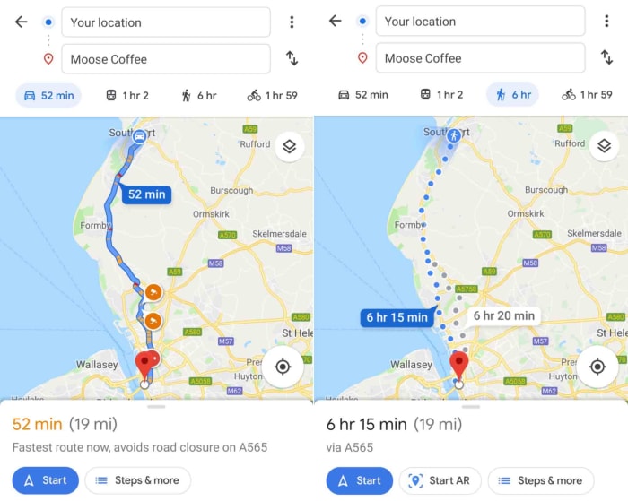 Google Maps AR navigation only works for walking directions