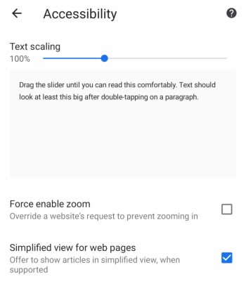 Google Chrome on mobile accessibility menu