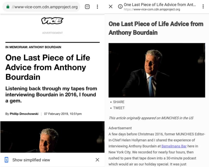 Google Chrome mobile simplified view