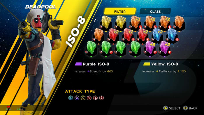 Marvel Ultimate Alliance 3 ISO-8 management screen