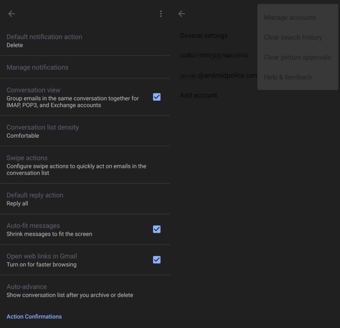 screenshots of Gmail dark mode
