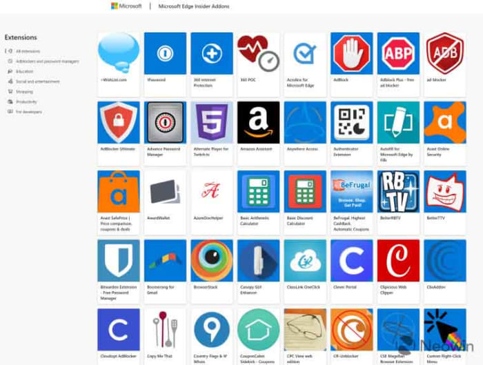 The Microsoft extension store for the new Edge browser