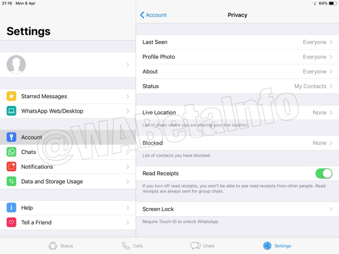WhatsApp ipad settings menu