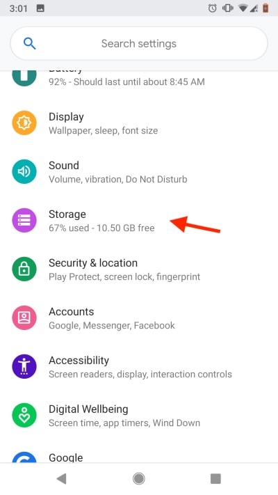 android cache storage menu