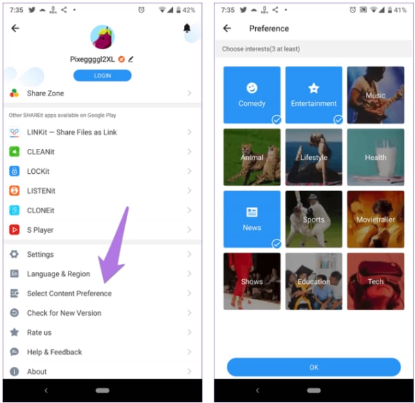 SHAREit content categories