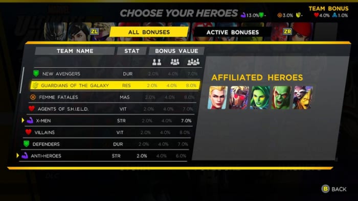 Marvel Ultimate Alliance 3 team bonuses