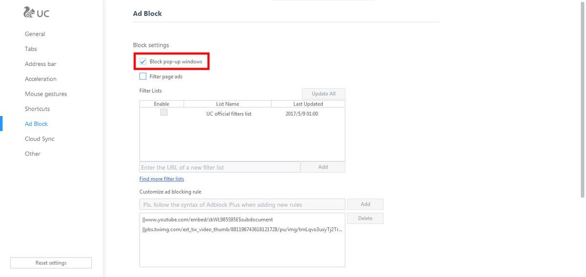 How to Disable Adblock in UC Browser on the PC