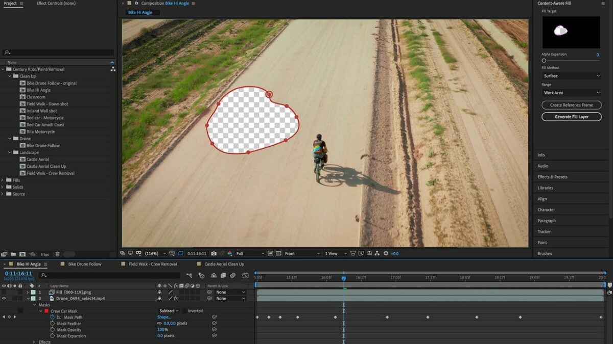 The Photoshop Content Aware tool removes the car before filling in the gap with asphalt road.