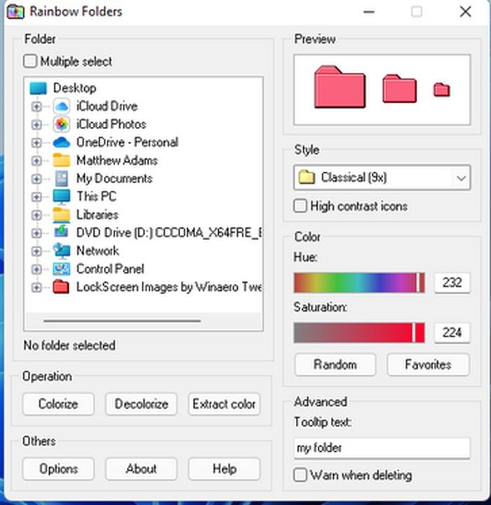 Alter the color of each folder with via the Rainbow Folders menu.