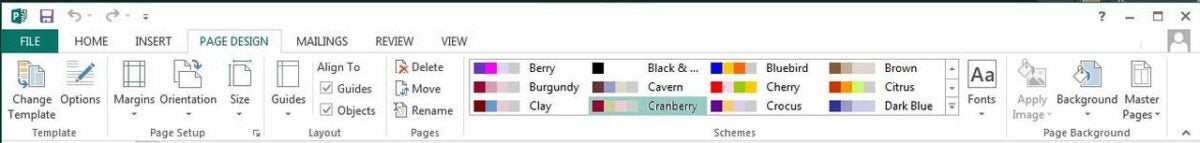 Ribbon toolbar in Microsoft Publisher.