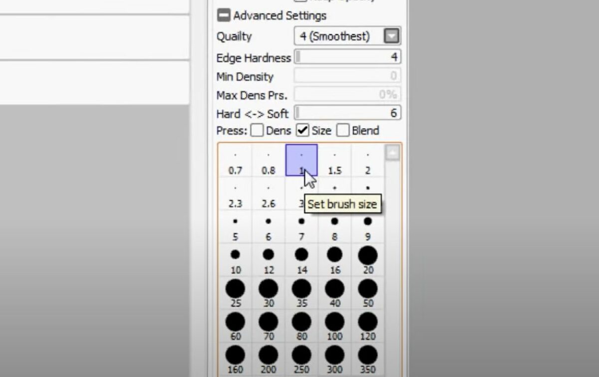 Setting brush size in PaintTool SAI.