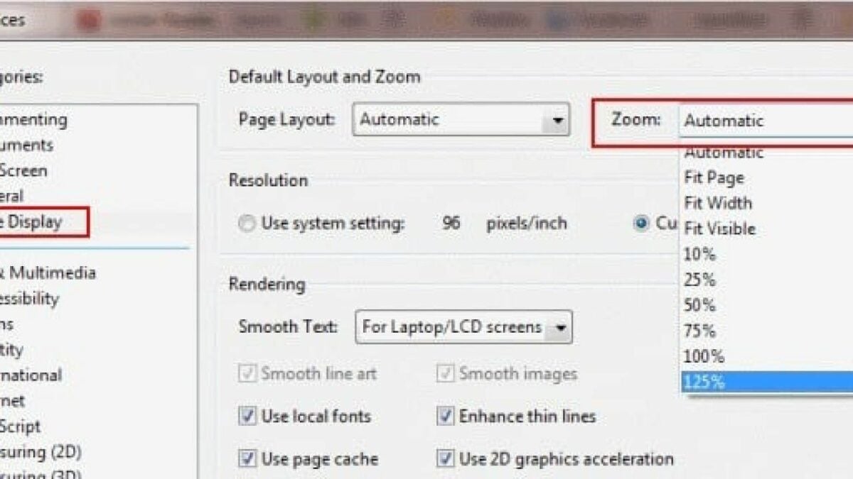 Setting the zoom level in Adobe Acrobat.