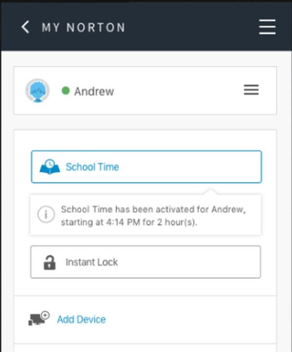 Norton Parental Control mobile screen.