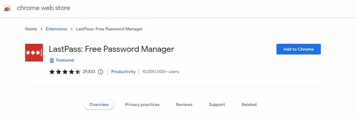 The LastPass extension page