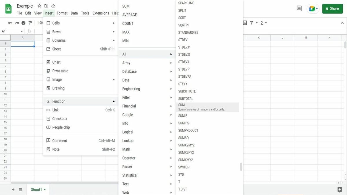 Inserting a function in Google Sheets