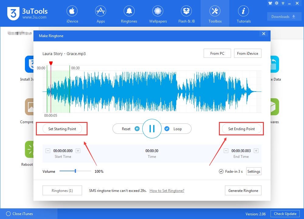 Select which part of your sound file you want for your ringtone