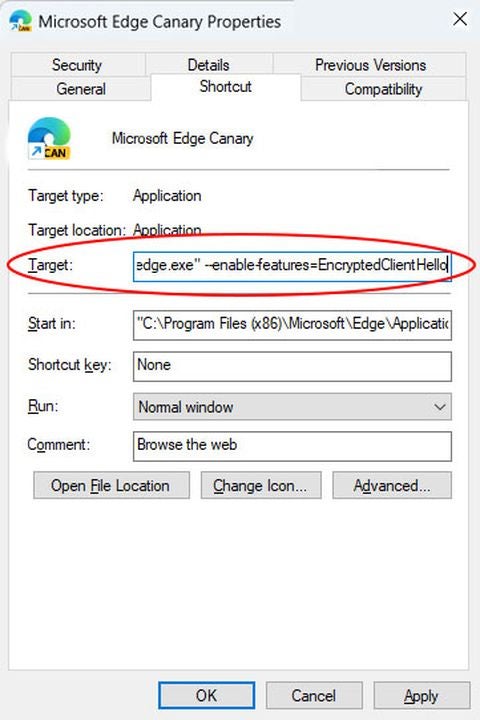 The Target text box in MS Edge’s Properties dialogue