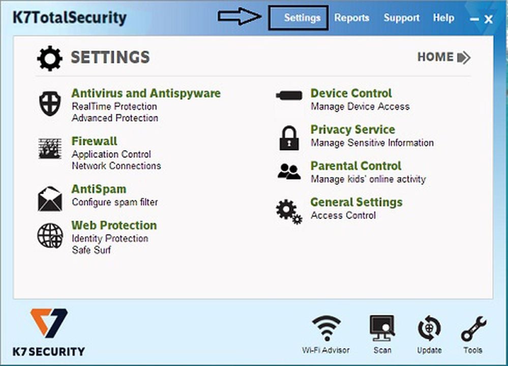 K7’s Settings menu