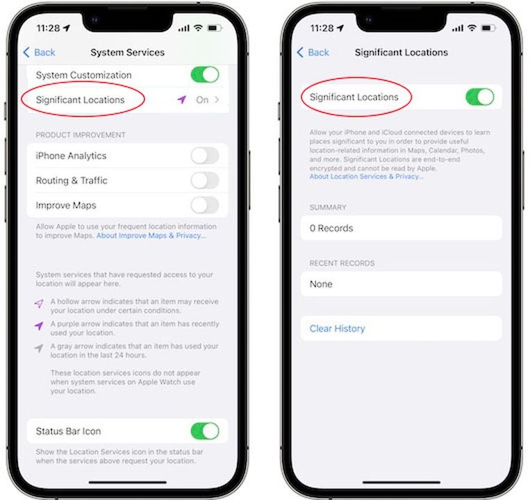 The Significant Locations menu in iOS