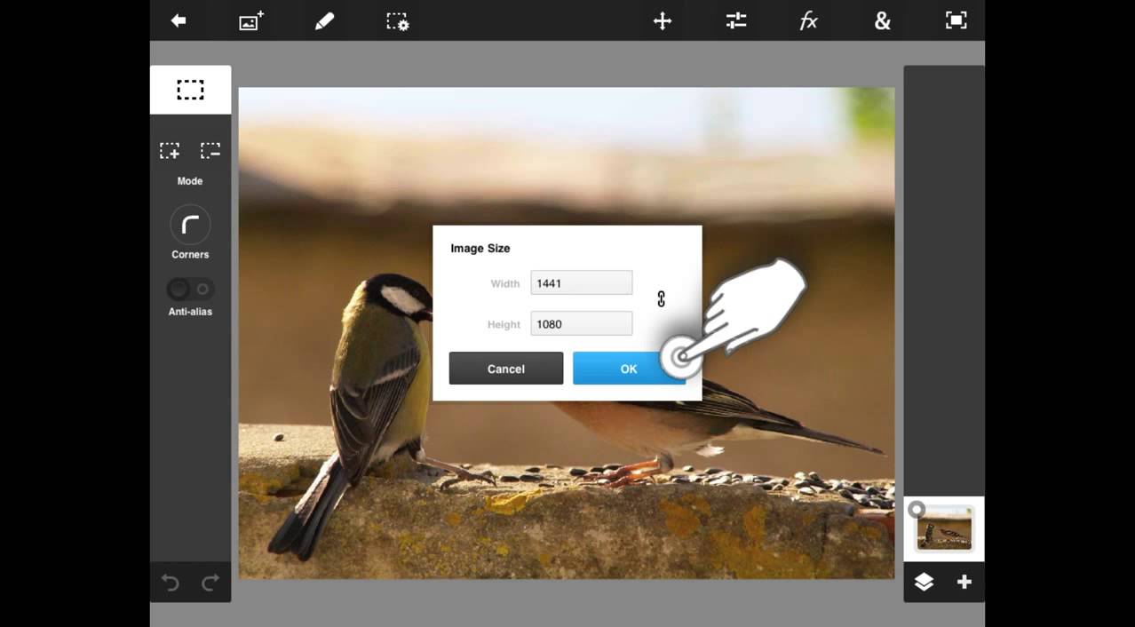Resize and reposition your image layers by adjusting the white dots at the permiter or manually entering the new dimensions into the fields shown