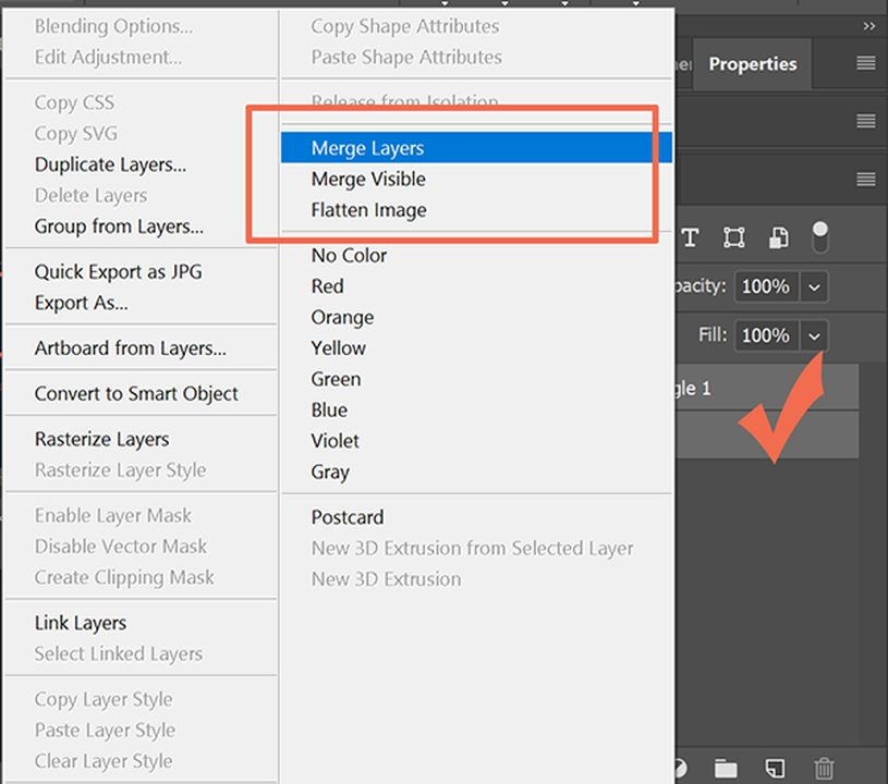 Merge multiple layers from the toolbar at the top of your screen in Photoshop.