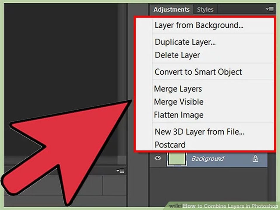 Arrow pointing to photoshop menu that allows you to merge all your visible layers at once.