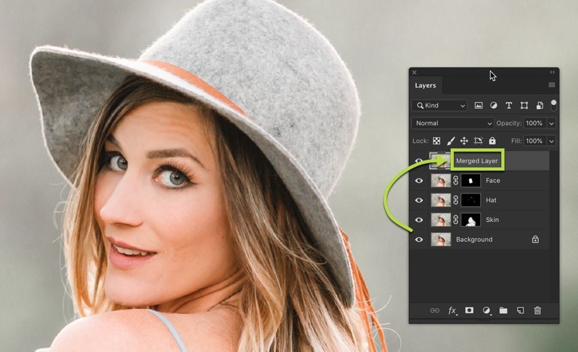 Graphic showing how to combine select layers to form a new one from the Layers menu.