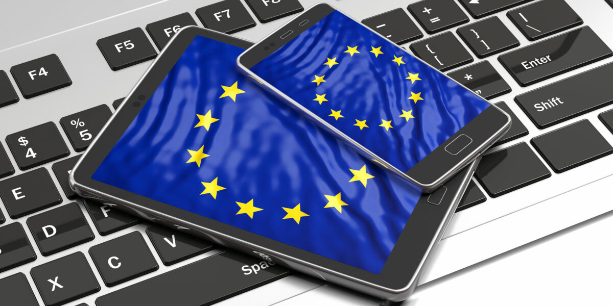 European Union online voting election. Electronic devices with EU flag screen. 3d illustration