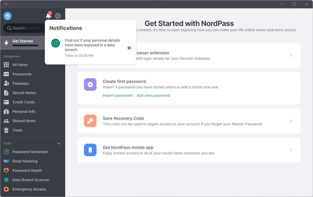 NordPass interface with data breach check notification