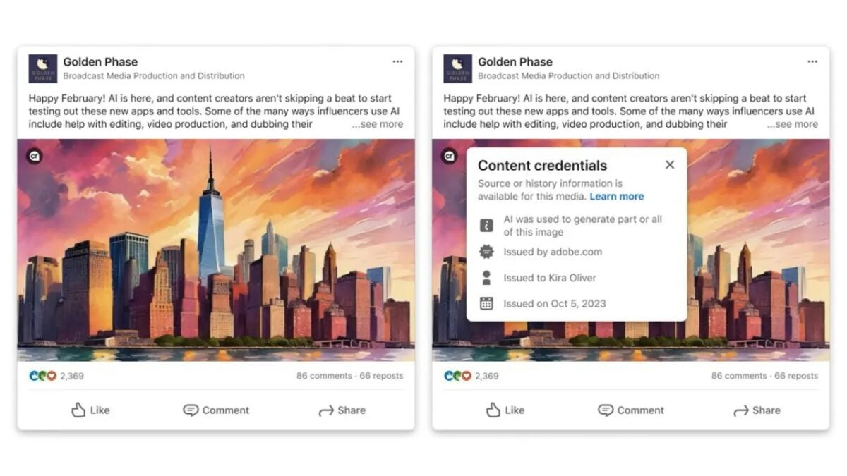 LinkedIn will clearly tell you if a post uses AI-generated content