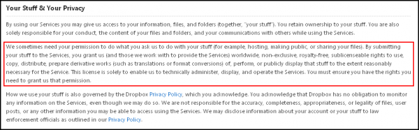 Dropbox, le paragraphe qui dérange