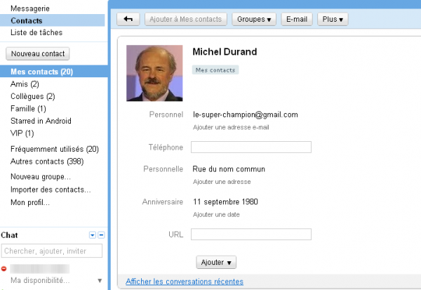 Fiche Nouveau contact sur Gmail