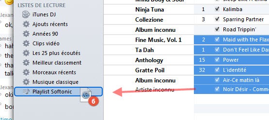 Faire glisser les chansons sélectionnées dans la playlist