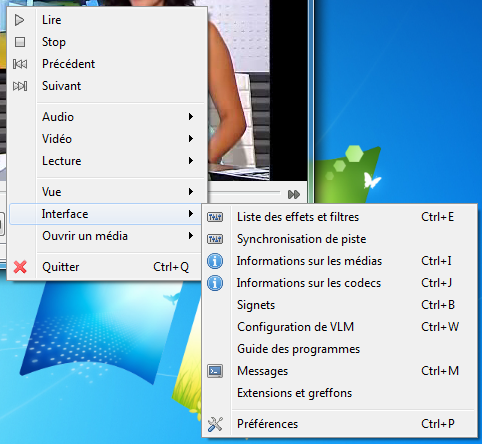 Menu contextuel de VLC pour changer d'interface