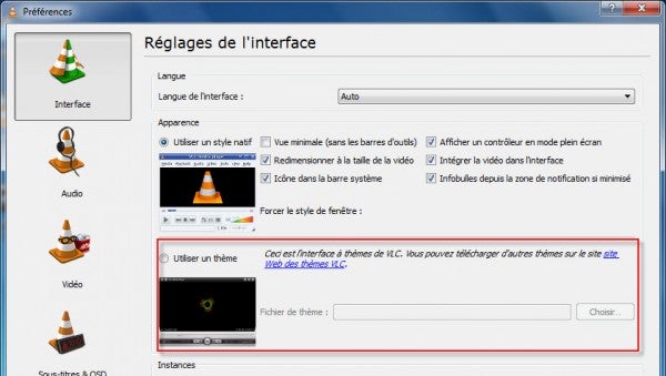 Préférences de l'interface - Accès au site web des thèmes pour VLC