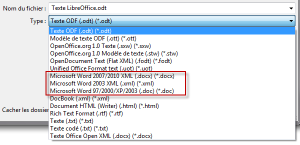 Sauvegarde au format ODT