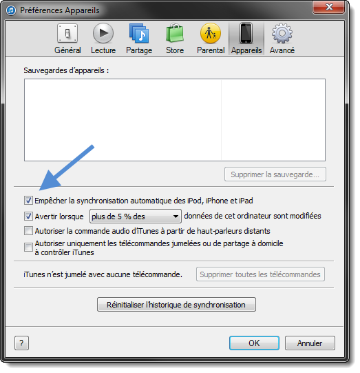 iTunes - Empêcher la synchronisation automatique