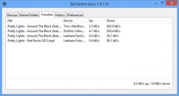 Transferts en cours BitTorrent Sync