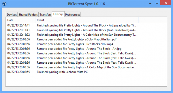 Historique des opérations BitTorent Sync