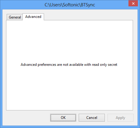 Onglet Advanced BitTorrent Sync