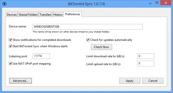 Preferences BitTorent Sync