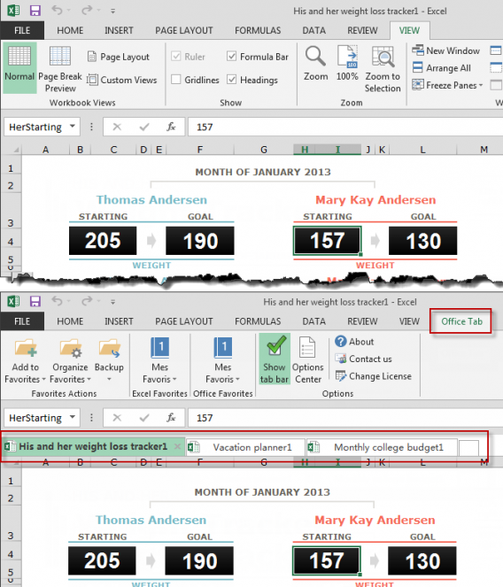 Excel before and after having installed Office Tabs