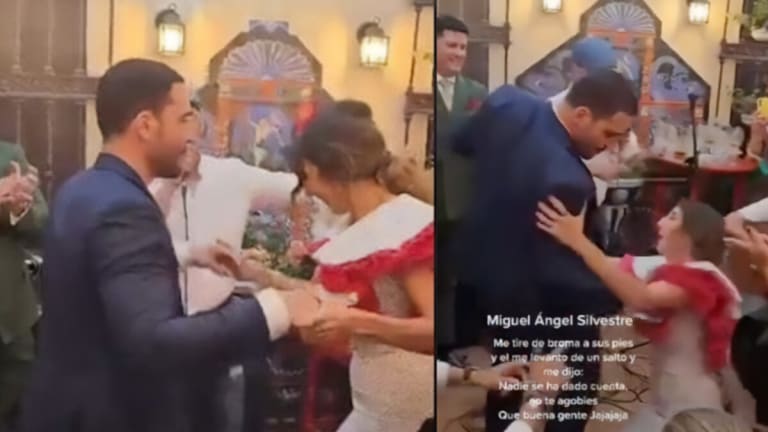 Paz Padilla se pega un tortazo en la Feria y Miguel Ángel Silvestre la “rescata”