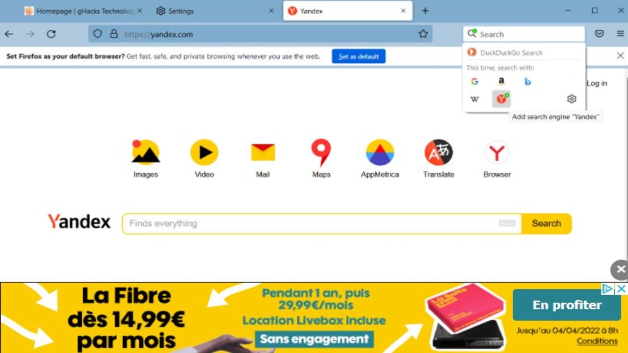Firefox 98.0.1 elimina los proveedores de búsqueda Yandex Search y Mail.ru