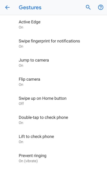 Gesture control options Android Pie